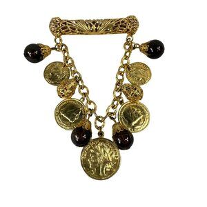 Vintage Gold Tone Coin & Bead Charm Brooch Pin French Republic Motif Dangles